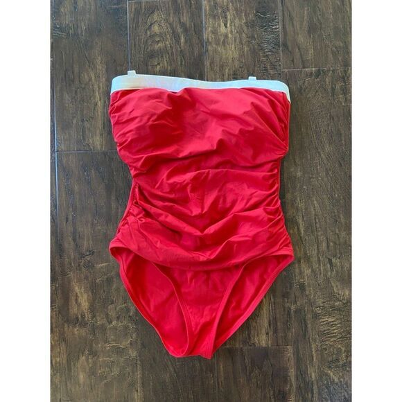 Red Strapless Liz Claiborne Bathing Suit with White Trim (Size 10) - Picture 1 of 3
